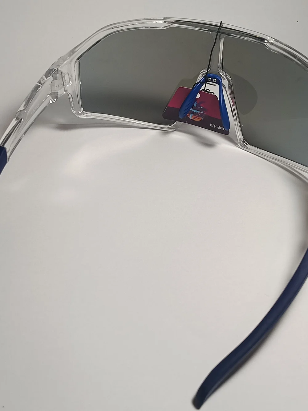 Sport Shield Sunglasses - Clear Frame with Blue Mirrored Lens - UV Protection